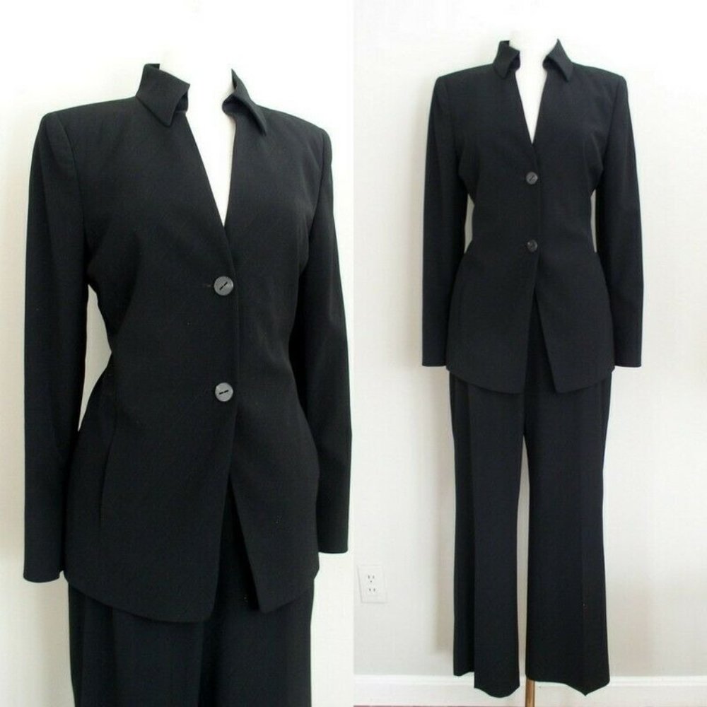 Akris Womens Pants Suit Black Wool Tonal Stripe 10